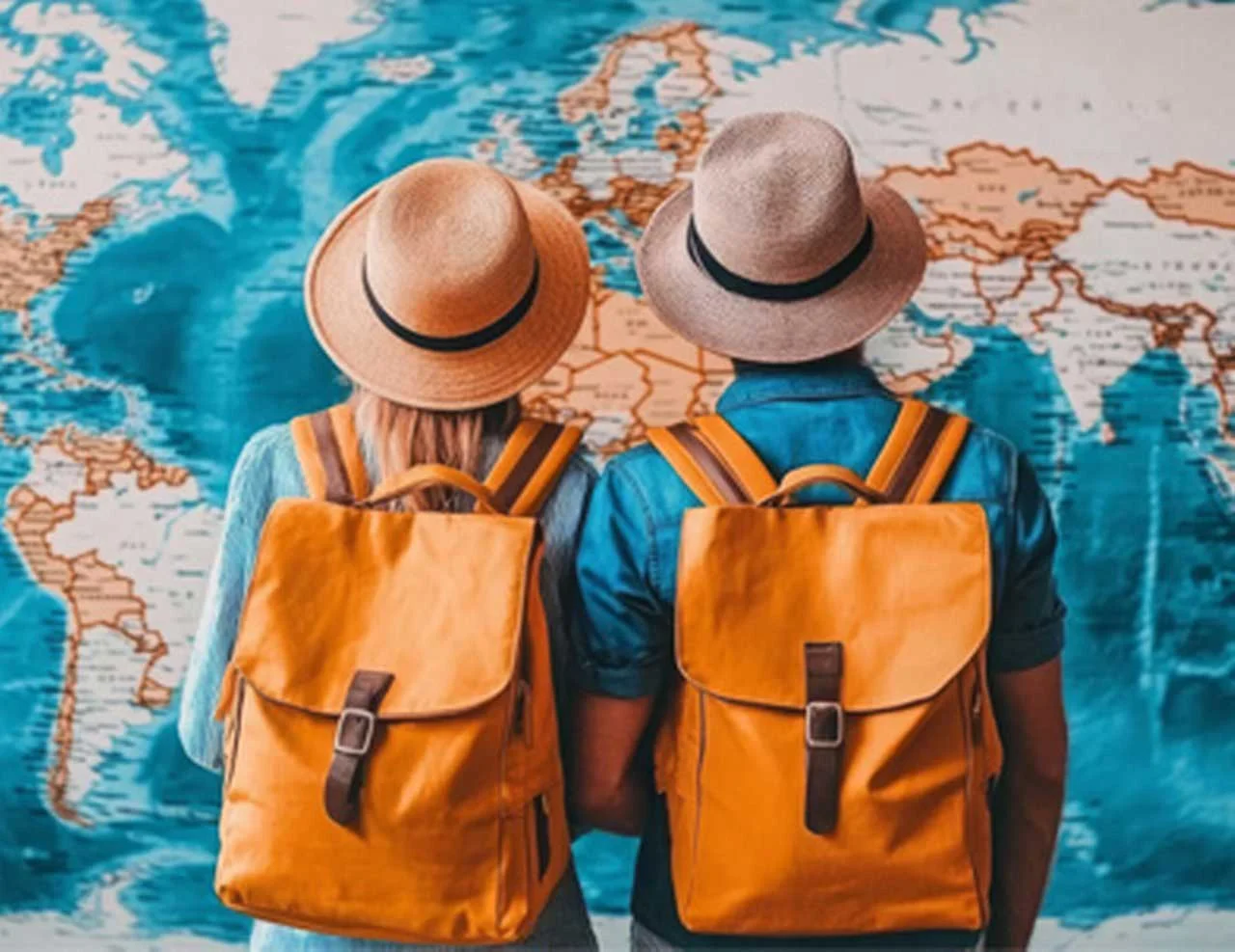 Two people with backpacks and straw hats, seen from behind, looking at a world map
