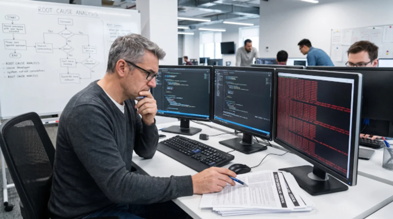 Softwareentwickler analysiert Code auf mehreren Computermonitoren
