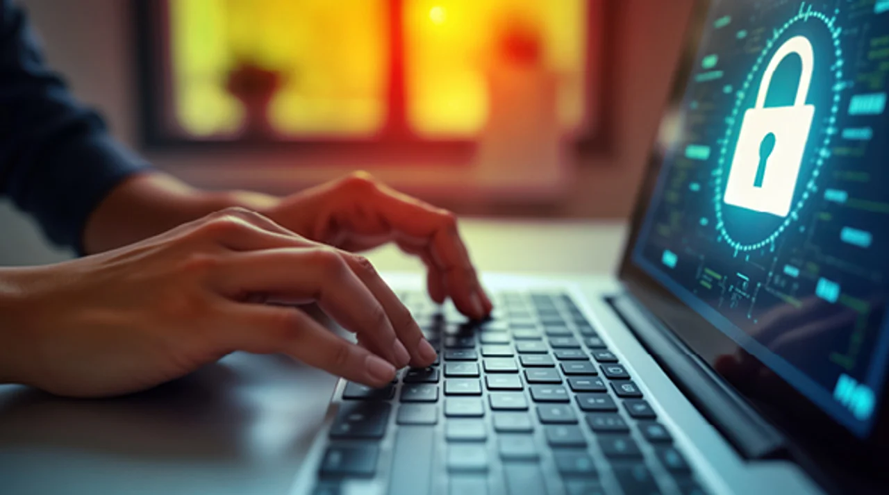 Two hands typing on a laptop displaying a large padlock icon on the screen