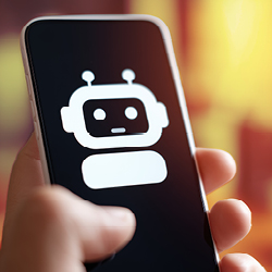 Nahaufnahme eines Smartphones mit einem großen Chatbot-Symbol auf dem Display