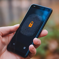 A person holds a smartphone displaying a fingerprint with a lock icon on the screen