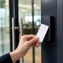 Hand presenting an access card to a reader beside a glass door