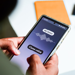 Smartphone in der Hand einer Person zeigt eine App mit der Beschriftung „My Voice“ und „Clone voice“